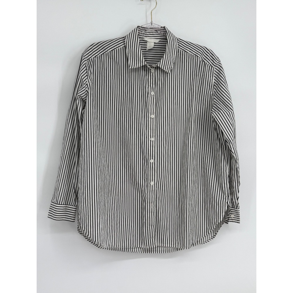 H&M Black White Striped Button Down Shirt Long Sleeve Collared Blouse Sz S